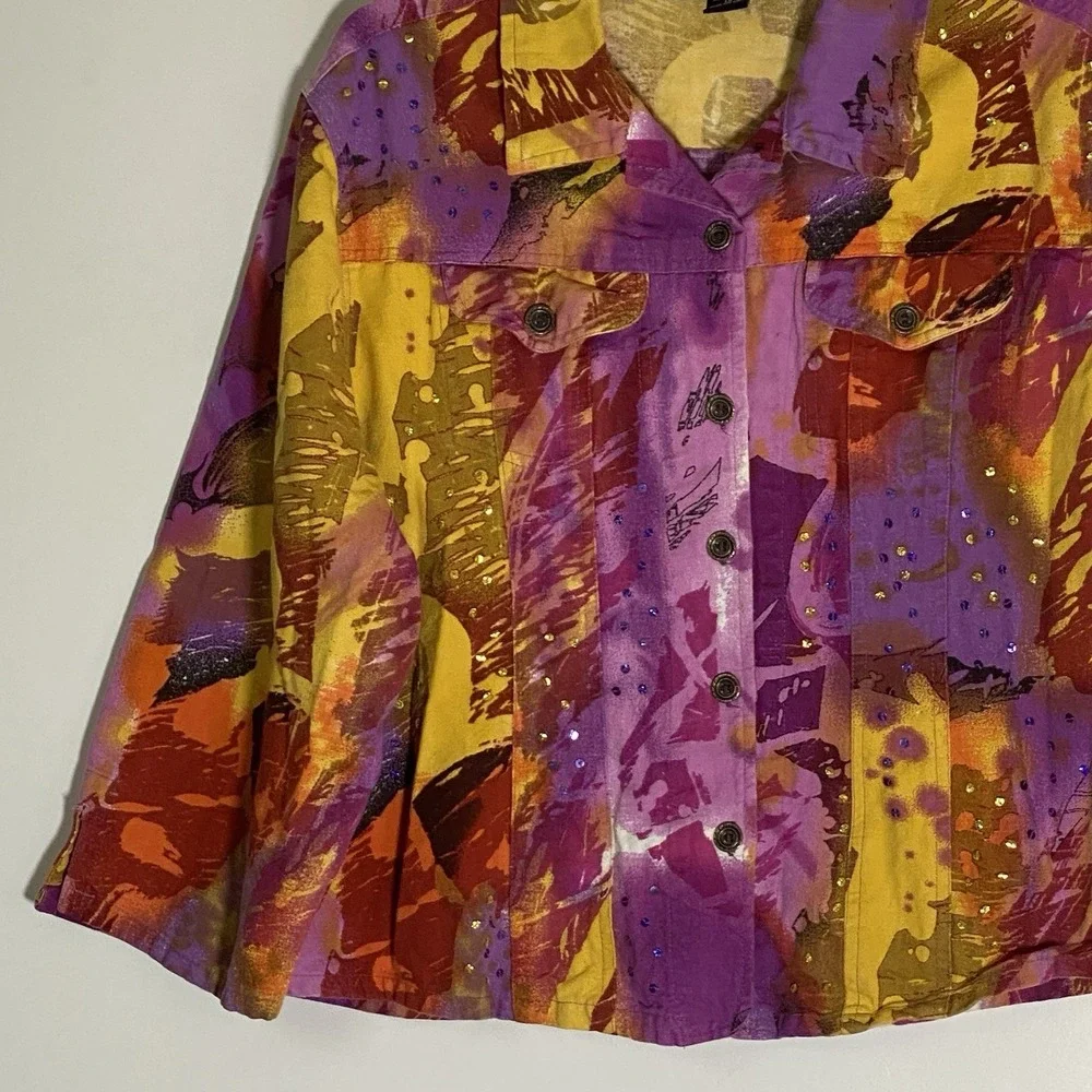 Gaudy Couture Denim Jacket‎ Womens 1X Purple Yellow Embellished Artsy Eclectic